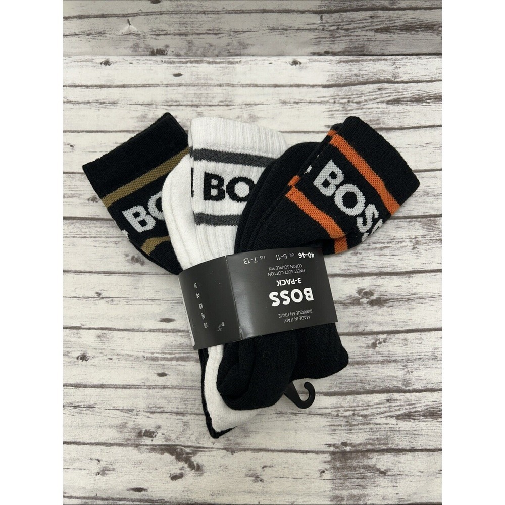 HUGO BOSS Socks 3-pack Striped Cotton Crew Men's 7-13 Made in Italy Black White